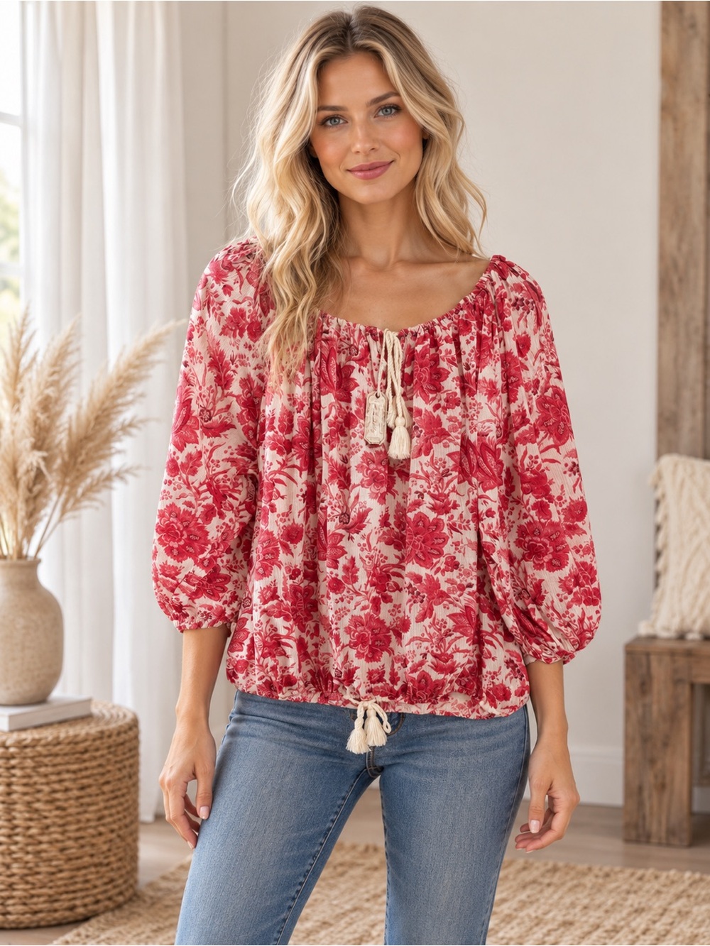 Denim & Supply Ralph Lauren Red Floral Peasant Tunic Boho Aesthetic
